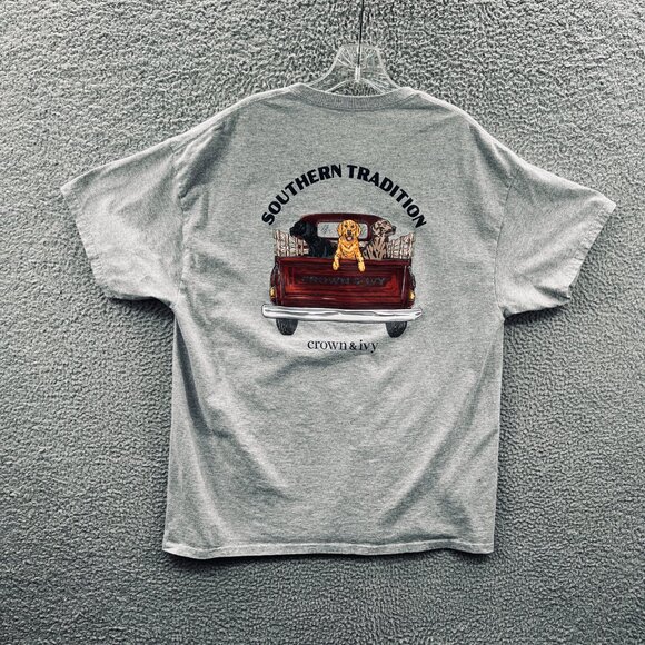 Crown Ivy Mens Tee Shirt Large Gray Southern Tradition Dog Truck Graphic Casual - Picture 1 of 7